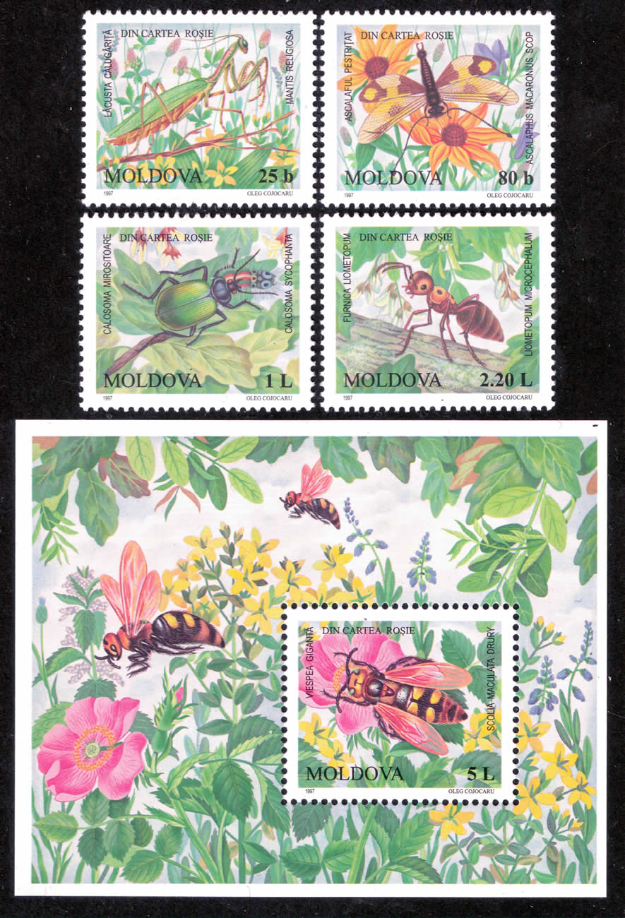 Bloque y 4 sellos insectos y hormiga. Moldavia, 1997