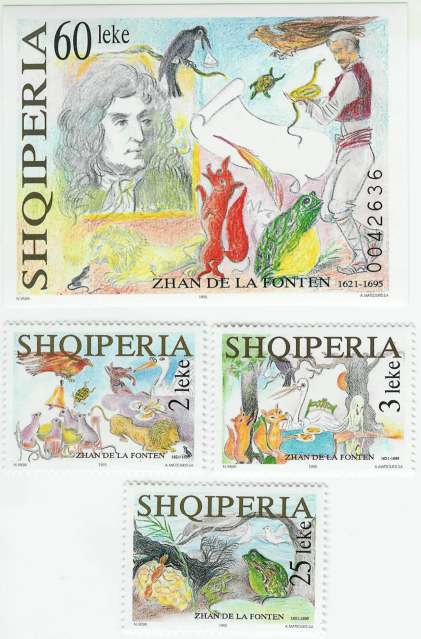 Hojita-Bloque con una Serie de 3 sellos dedicados La Fontaine en el 300 aniversario de su muerte. Albania, 1995