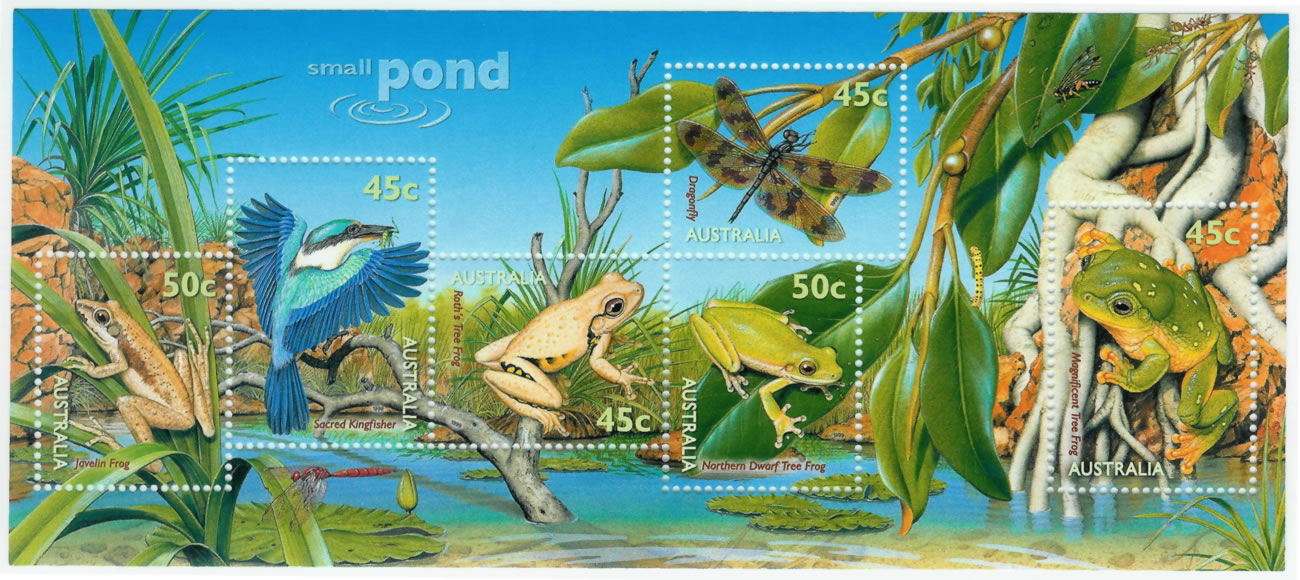 Bloque de 6 sellos de un pequeo estanque con animales y algunas hormigas de la regin de Kimberley. Australia, 1991