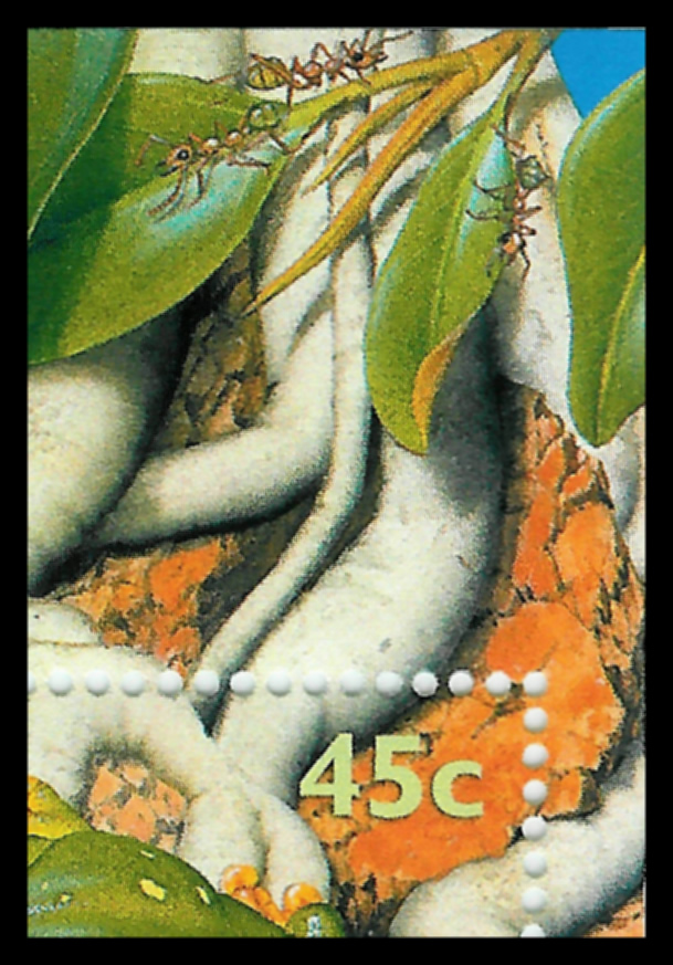 Trozo de un bloque de 6 sellos de un pequeo estanque con 3 hormigas Oecophylla smaragdina donde hay otros animales de la regin de Kimberley. Australia, 1991