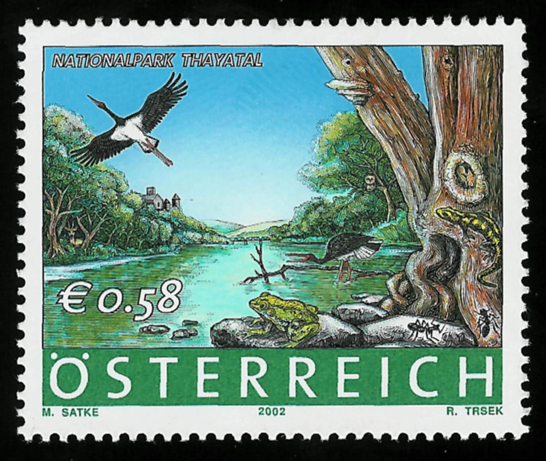 Sello de Austria, 2002. Dedicado al Parque Nacional de Thayatal con 2 hormigas no identificadas en el ngulo inferior derecho