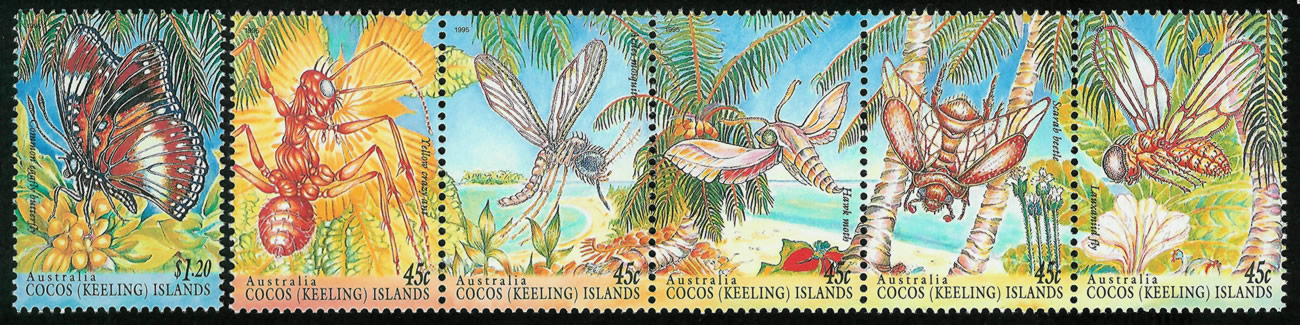 Serie de 6 sellos de insectos de las Cocos Islands, 1995. Hay la Yellow Crazy Ant, Anoplolepis gracilipes