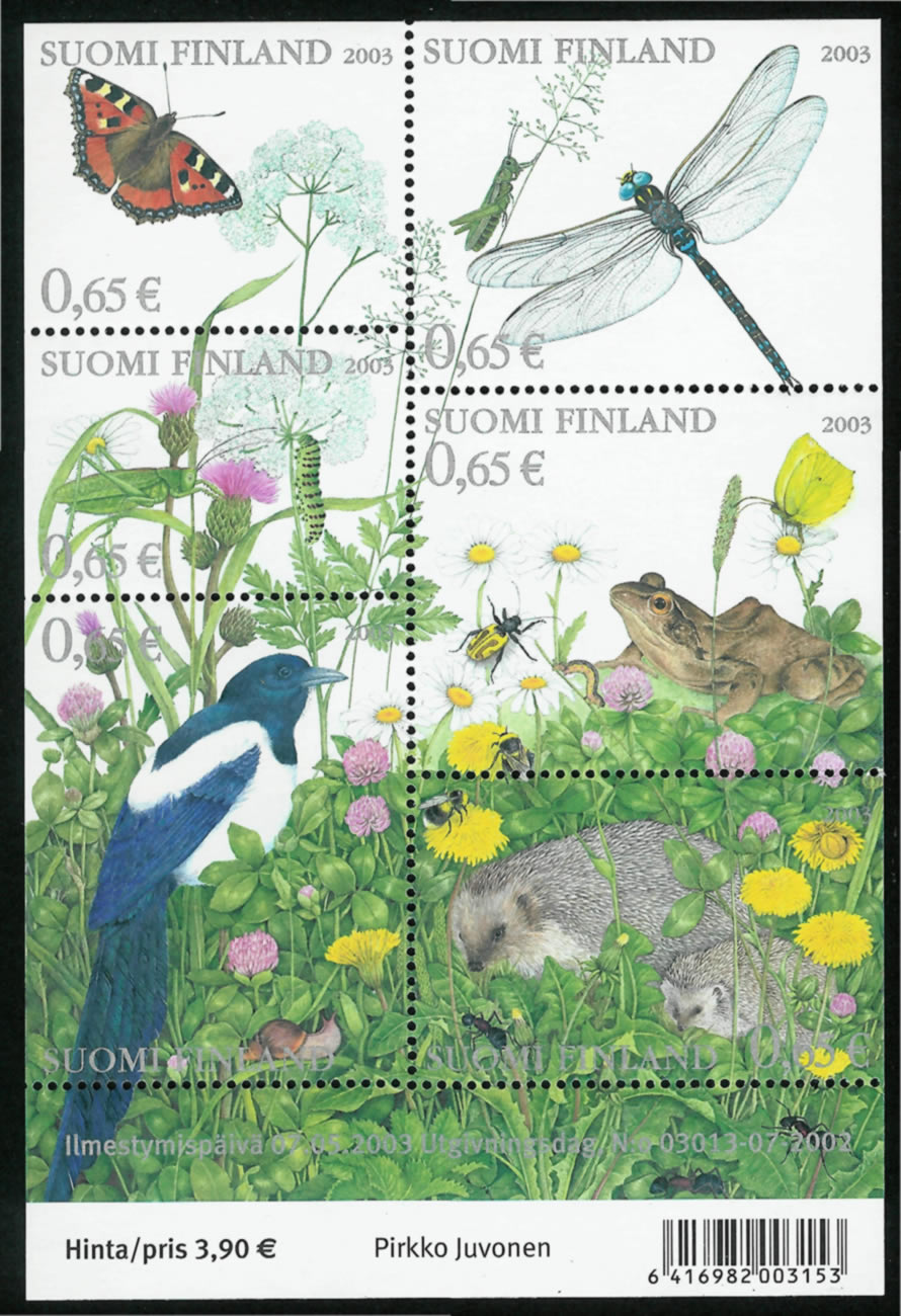 Bloque de 6 sellos de 0,65€ dedicado a los animales en el verano de Finlandia (Suomi), 2003