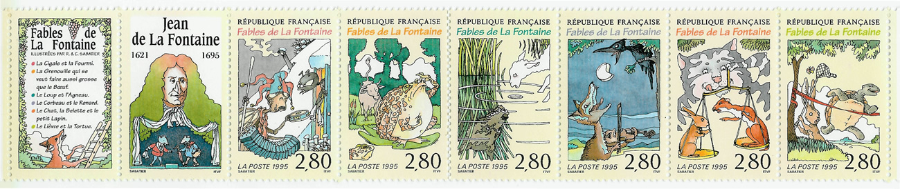 Francia 1995, bloque de 8 sellos y 6 valores de 2,80 F. dedicado a La Fontaine en el 300 aniversario de su muerte