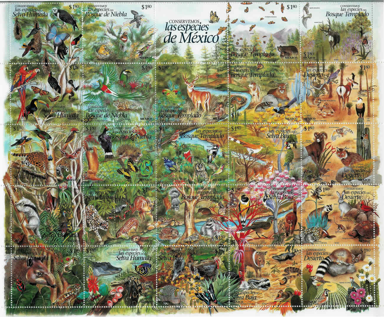Bloque de 25 valores "Conservemos las especies de M?xico" 1996