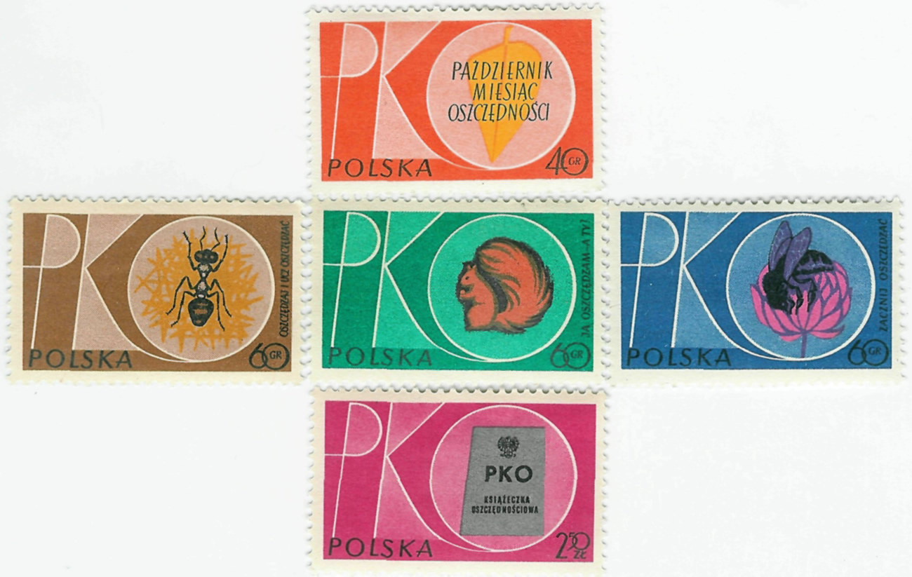 Serie de 5 sellos dedicados al ahorro. 1 valor con hormiga esquematizada. Polonia, 1961