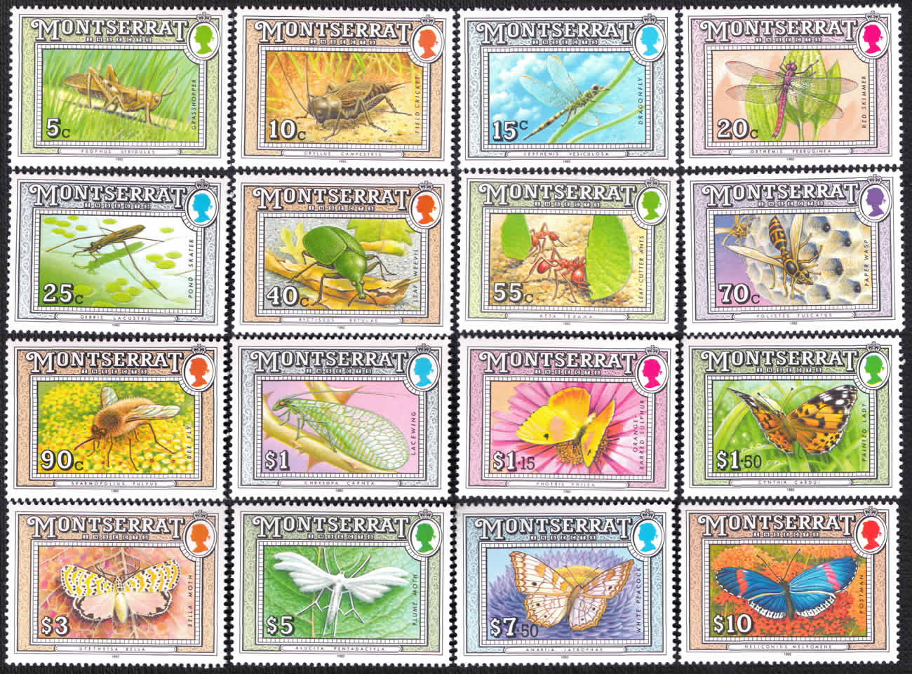 Serie 16 sellos de insectos, Montserrat 1992