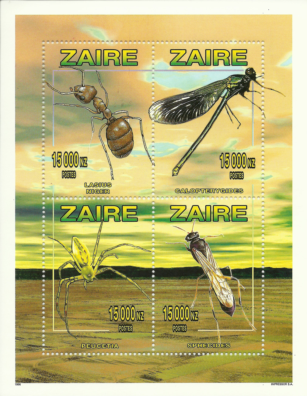 Zaire 1996 Bloque 4 insectos