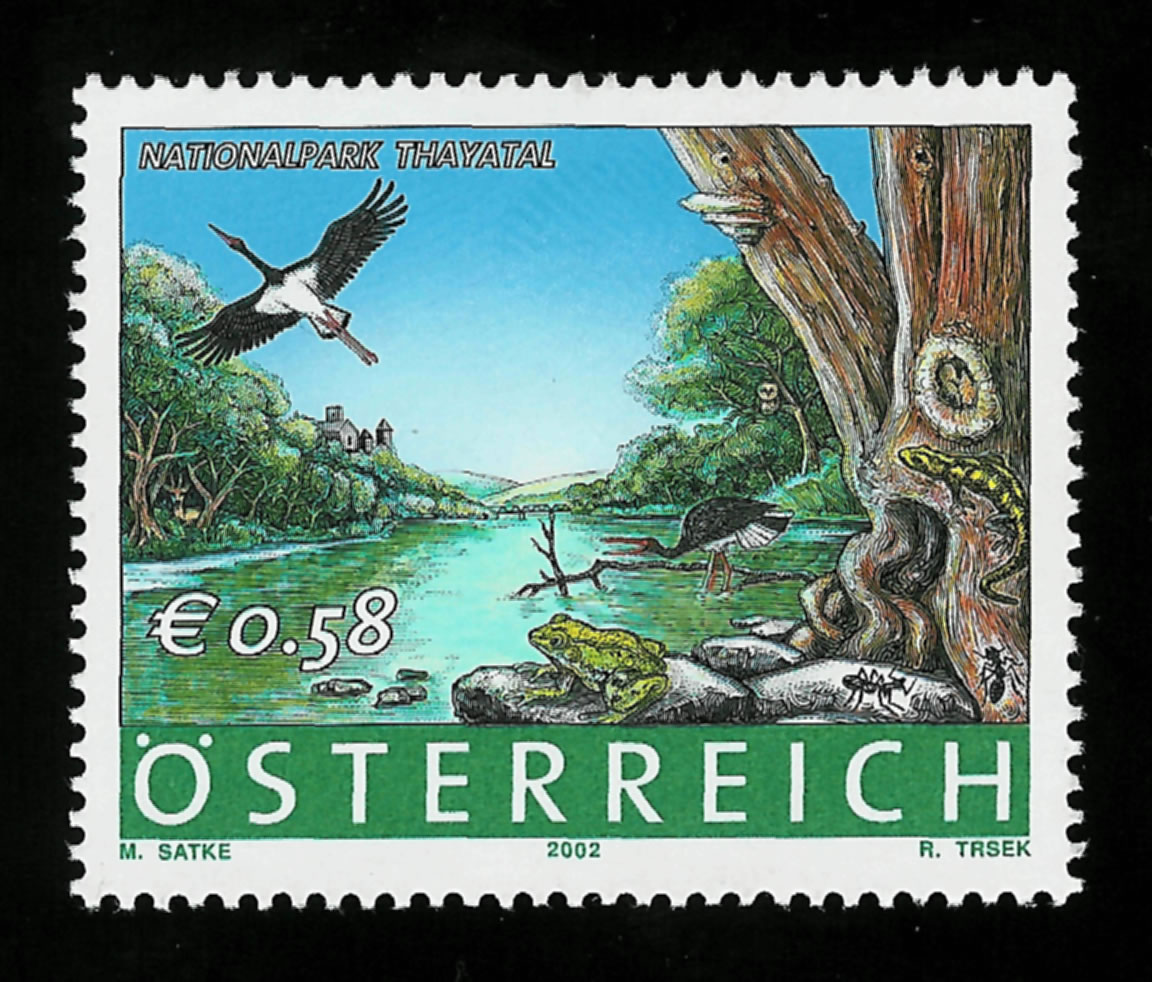 Sello de Austria (2002) dedicado al Parque nacional de Thayatal con 2 hormigas
